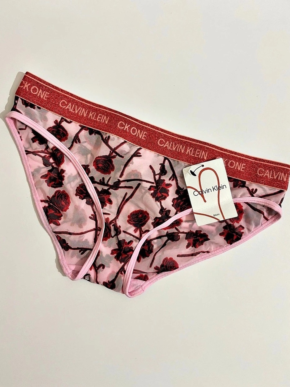 Calvin Klein CK One Rose Shimmer Bikini Panty Floral Pink & Red Small